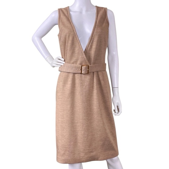 St John Couture 100% Wool Knit Belted Deep V-Neck Career Dress Tan Beige Size 6